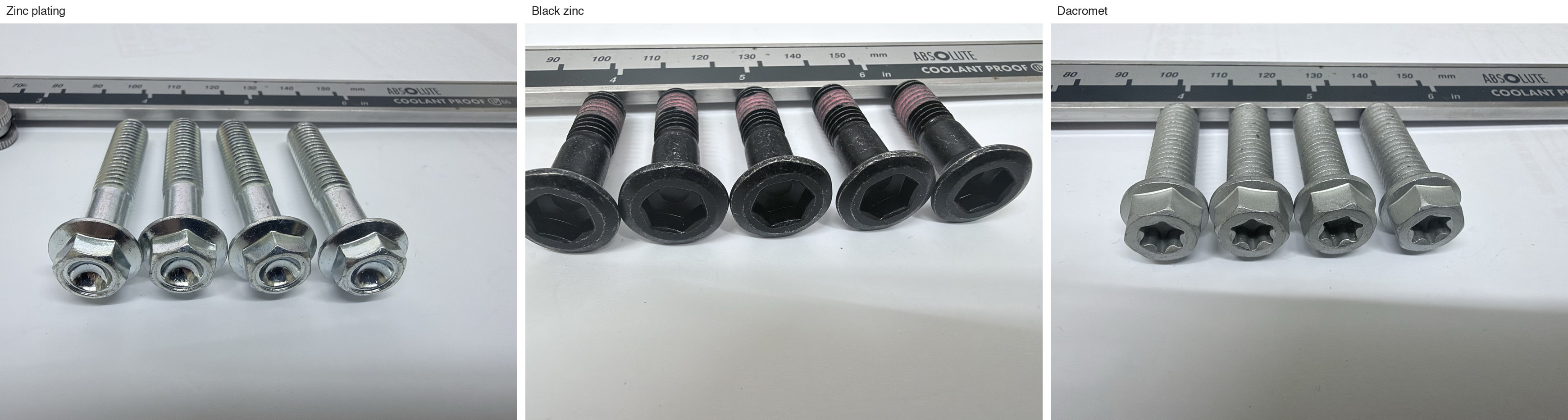 Surface finish samples side by side: zinc plating, black zinc, and Dacromet